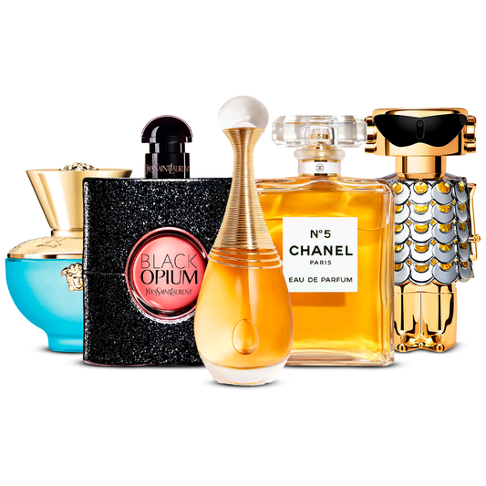 5 Parfüm Készlet – Versace Dylan Turquoise, Black Opium, J'adore, Chanel Nº5 és Fame [100 ml mindegyik]