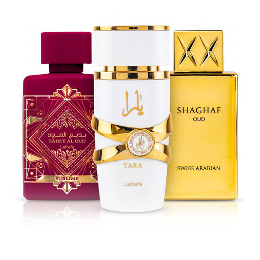 3 Parfüm Készlet | Bade'e Al Oud Sublime + Swiss Arabian Shaghaf Oud + Yara Moi 100 ml