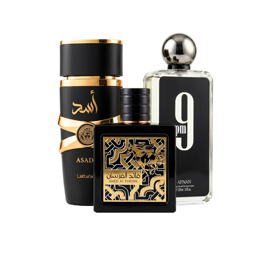 3 Parfüm Készlet | Lattafa Asad + Afnan 9PM + Qaed Al Fursan 100 ml